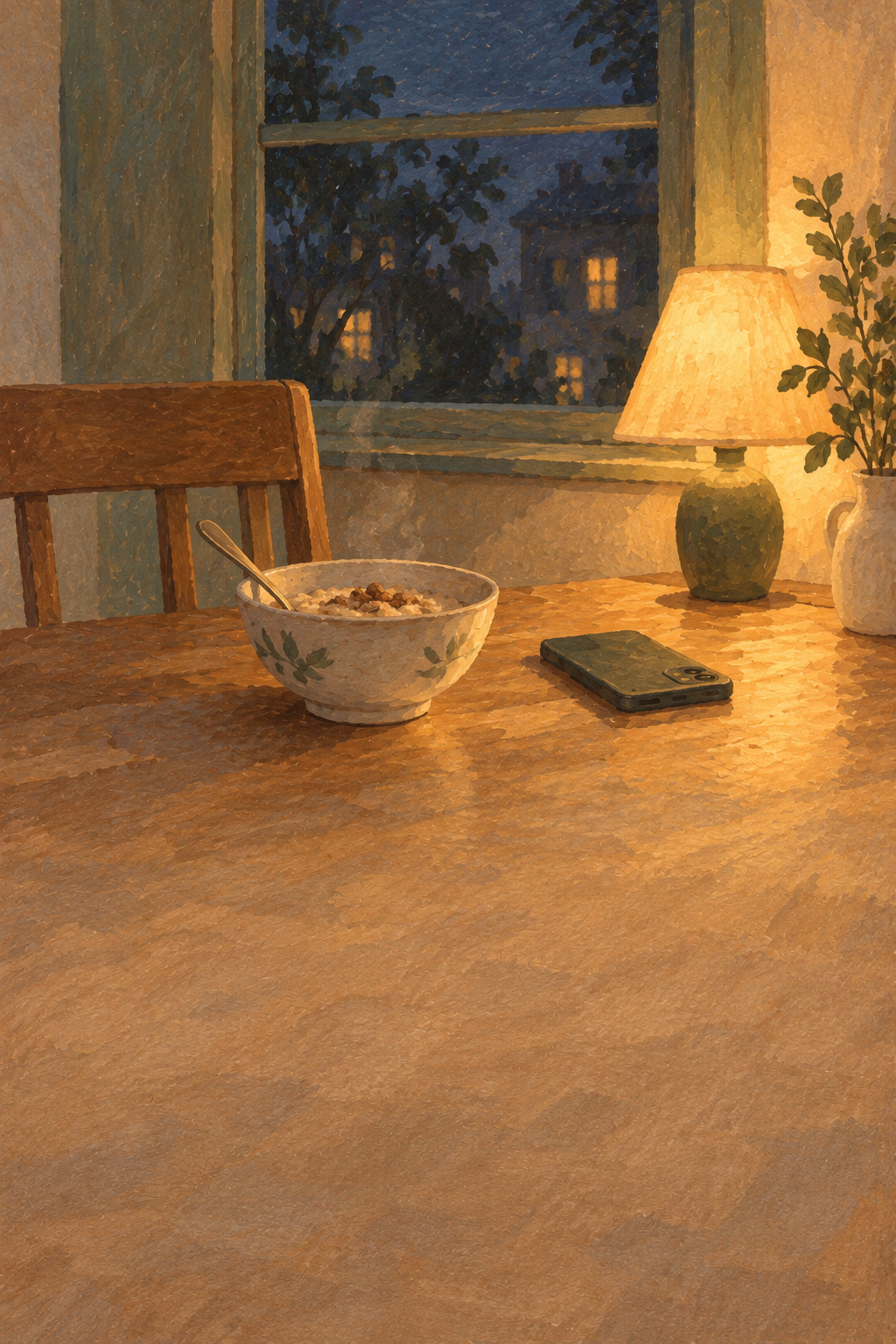 Warm watercolor light in a quiet kitchen at the end of an ordinary day.
