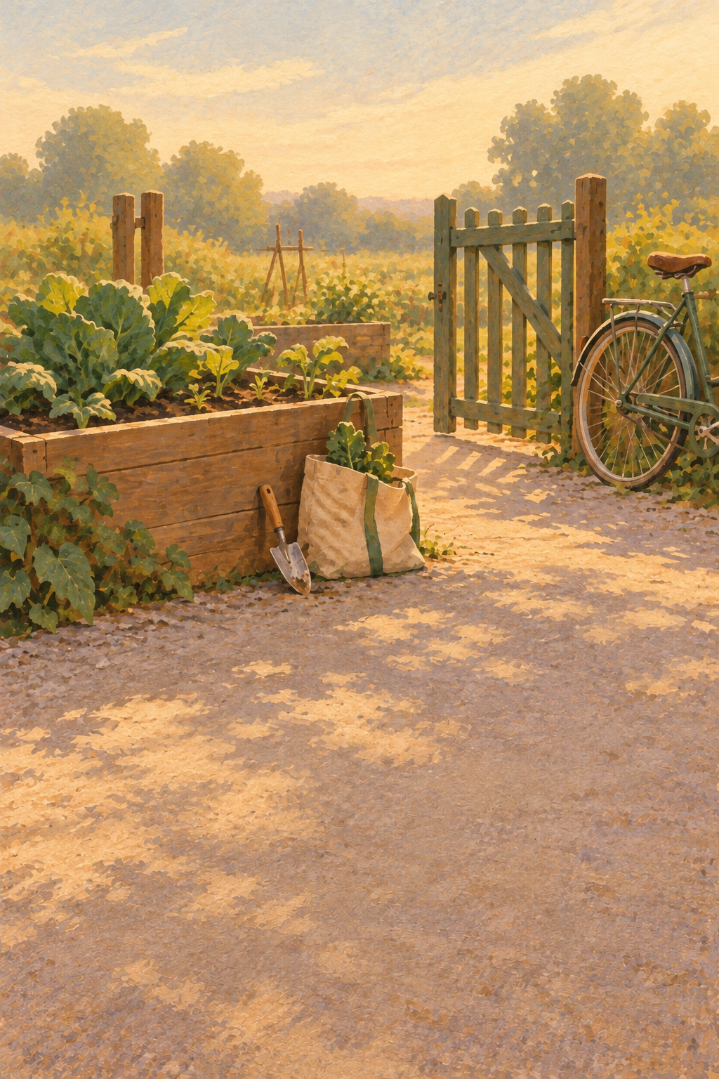 A quiet watercolor garden with green leaves, soft orange flowers and space to pause.